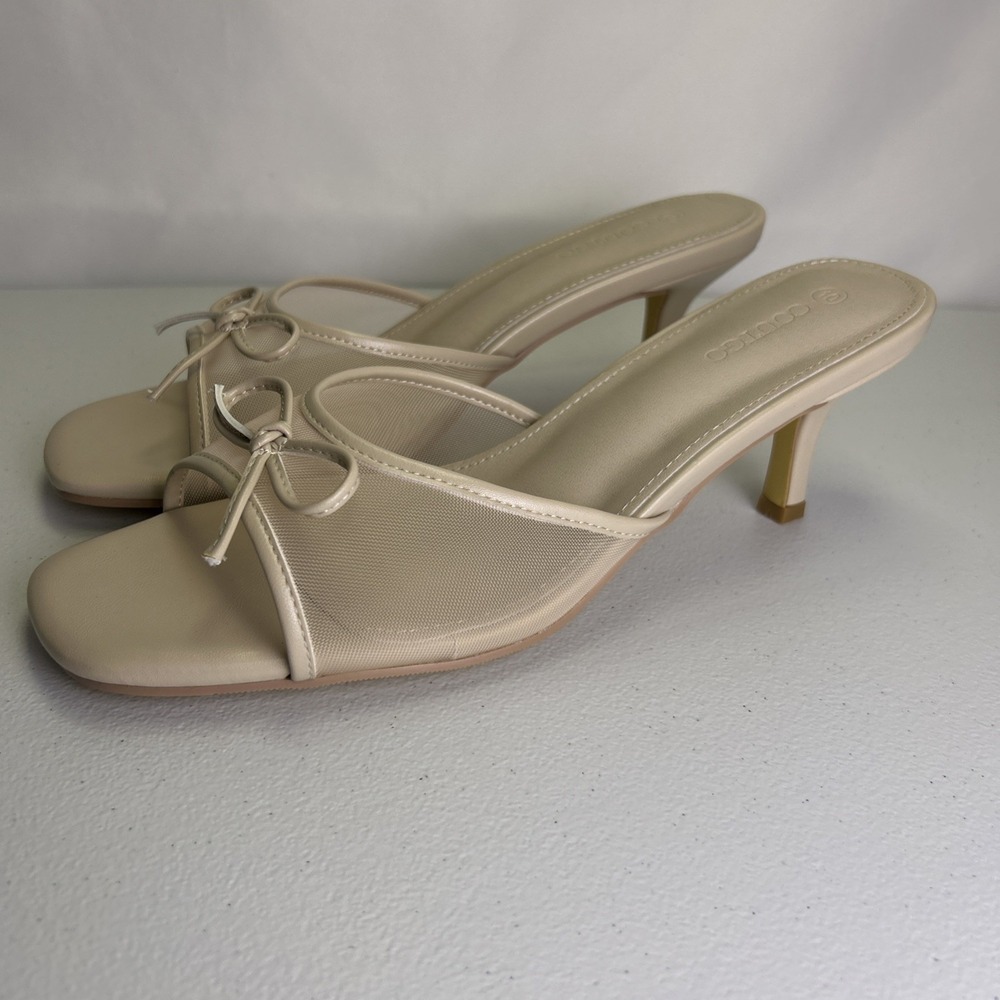 Coutgo Women's Bow Kitten Heel Mules Size 10 Nude Mesh Square Toe Sandals NIB